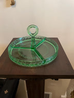 Vintage Green Glass Divided Serving Tray Elegant Round Centerpiece Handle Design Etched Laurel Pattern Entertaining Tableware Serving Dish