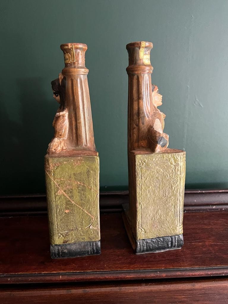 Rare Garnier French Bookend Pair Art Deco Ceramic Characters Candle Holder Unique Colorful Home Decoration Shelf Accent Conversation Piece