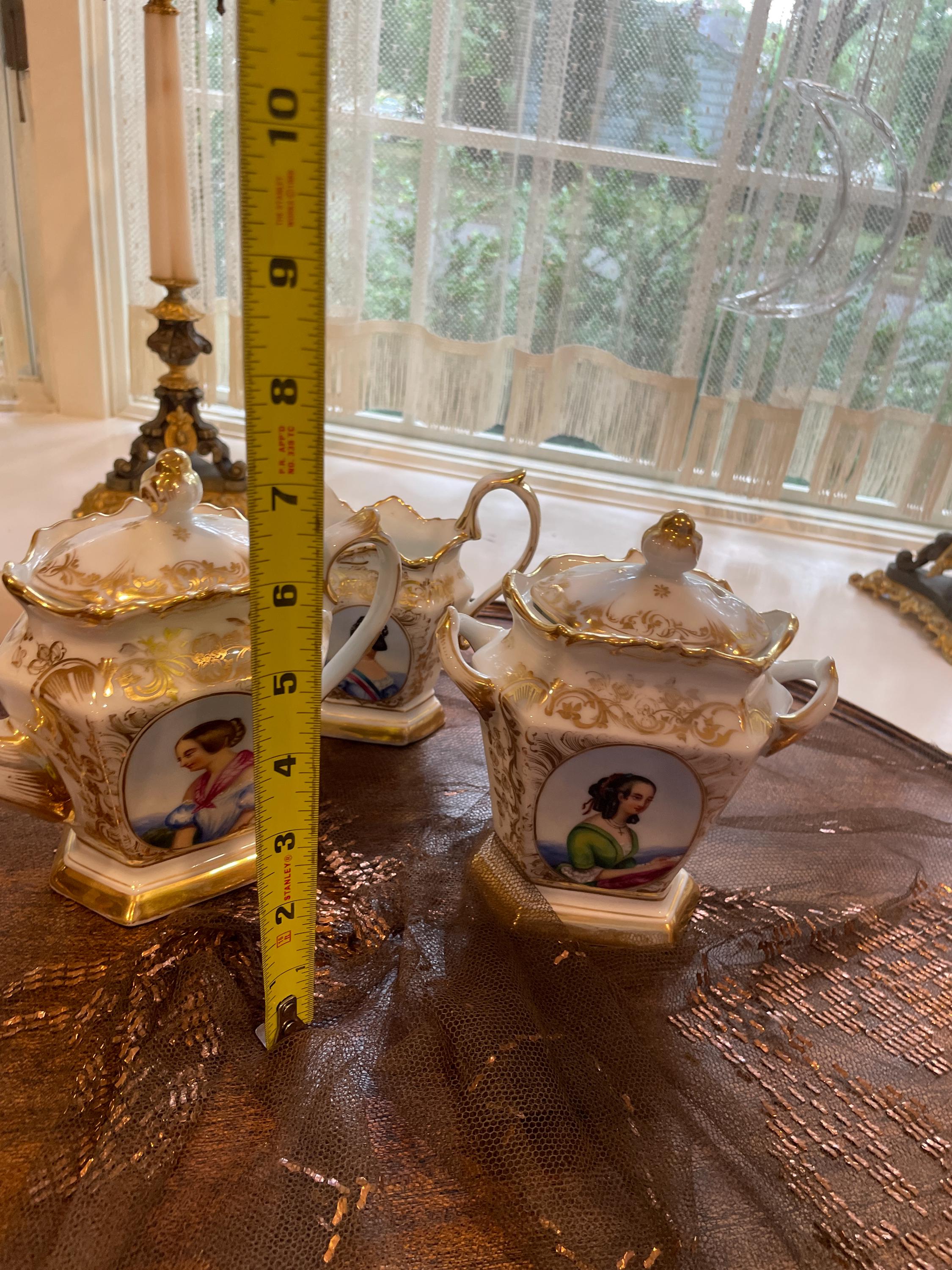 Very Old Paris Portrait Gold Gilt Porcelain Hand Painted Creamer Sugar Bowl Coffee Pot Victorian Ornate Gilded Serving Tray French Tea Set