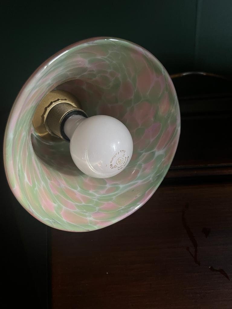 Handcrafted Pink Art Glass Bell Lamp Glowing Chartreuse Base Curvy Brass Arm Vintage Style Accent Retro Desk Home Lighting Decoration