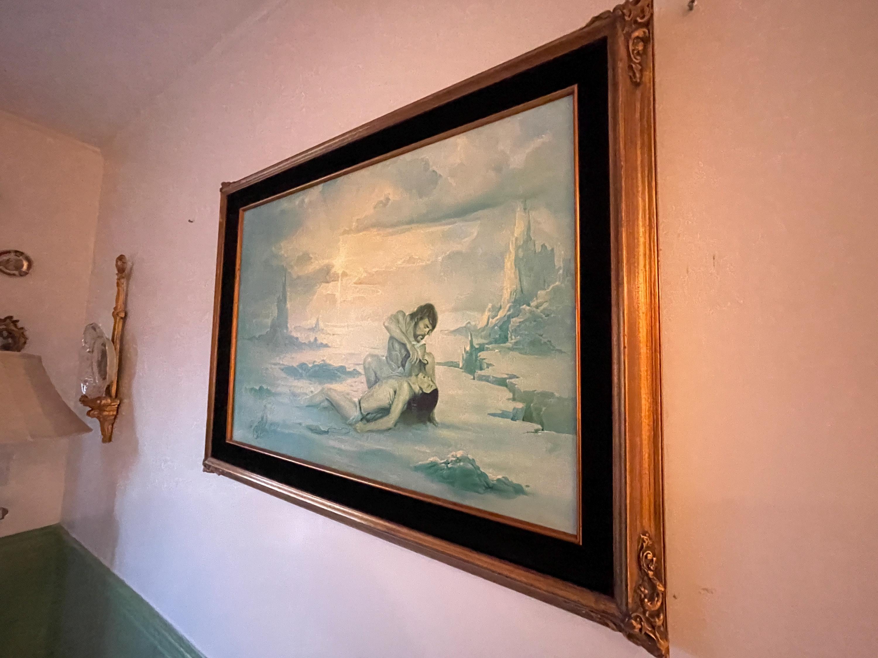 Vintage Signed Romantic Fantasy Landscape Painting Ornate Gold Frame Mystical Wall Art Collectible Mid-Century Home Decor Artwork Home Decor