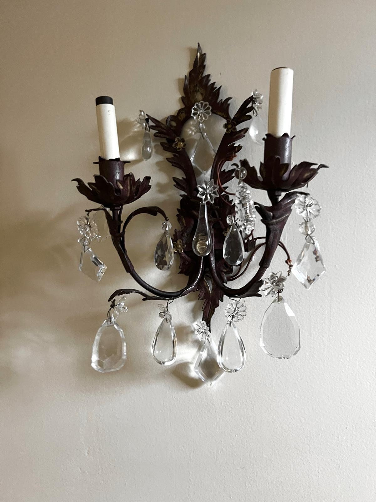 Vintage Italian Wall Sconces Pair Crystal Prism Drops Leaf Design Two Light Metal Fixtures Antique Style Elegant Lighting Home Decor