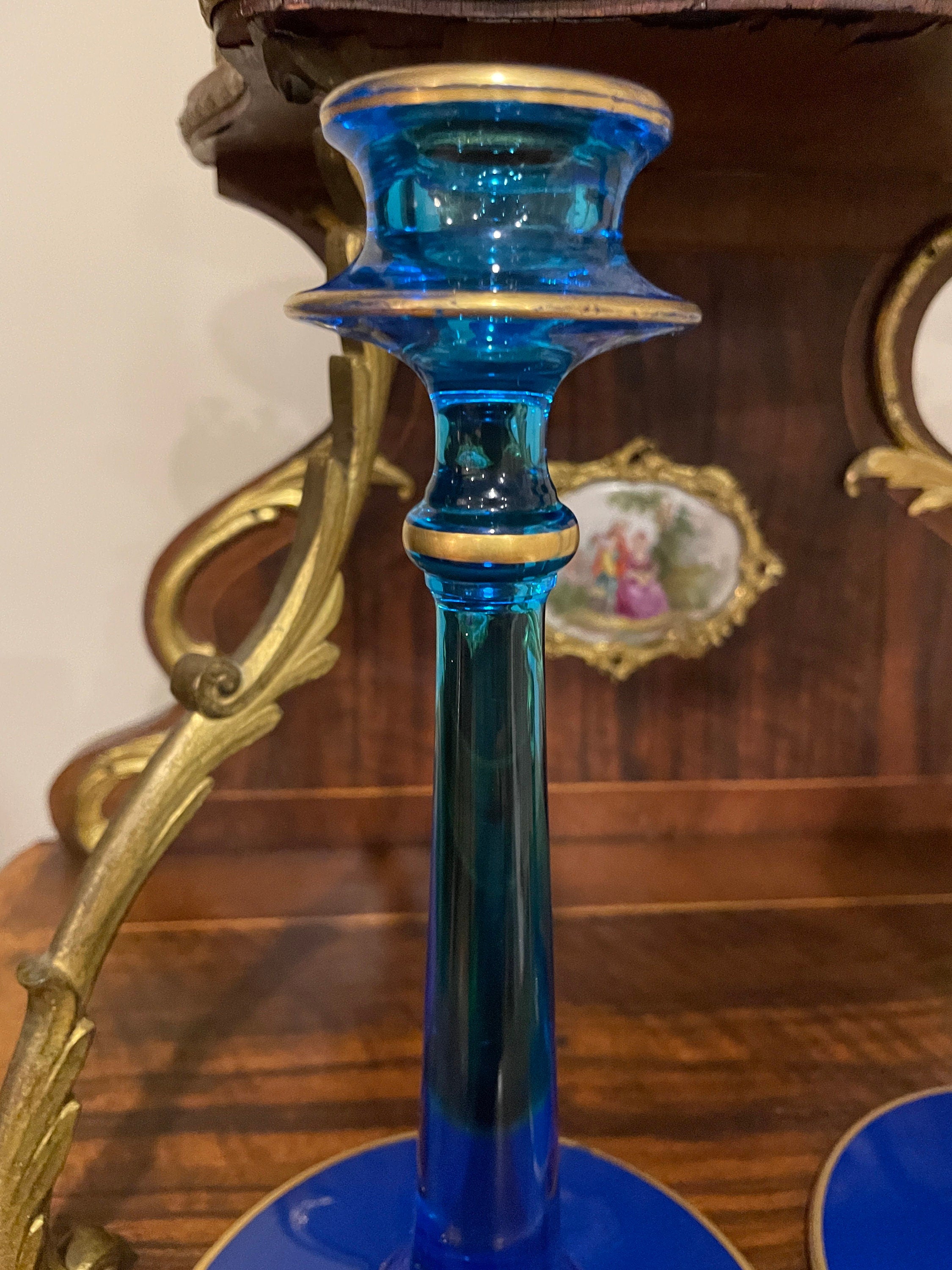 Vintage Blue Glass Candlesticks Pair Elegant Tall Design Gold Rim Mid Century Decor Classic Elegant Table Accents Collectible Candle Holders