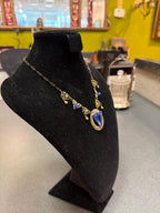 Vintage Art Deco Style Blue Glass Triangle Pendant Necklace Filigree Brass Statement Jewelry Unmarked Sterling Silver with Gold Wash