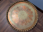 Vintage Brass Tray Table Folding Wood Base, Middle Eastern Moroccan Style Round Coffee Table