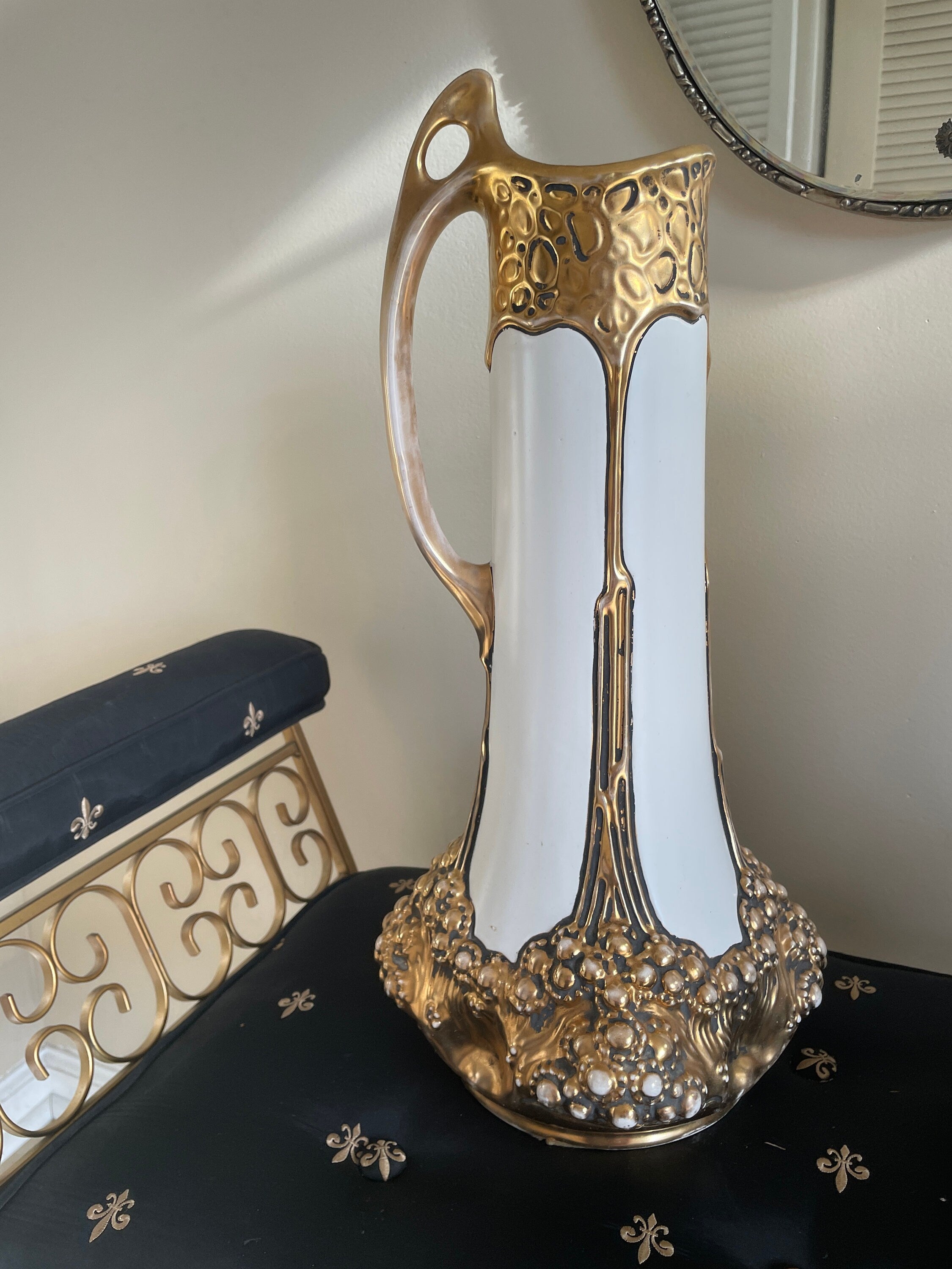 Pair of Antique Gold Gilded Porcelain Art Nouveau Austria Pottery Tall Vases by Julius Dressler Collectible Home Decor Rare Unique Pieces