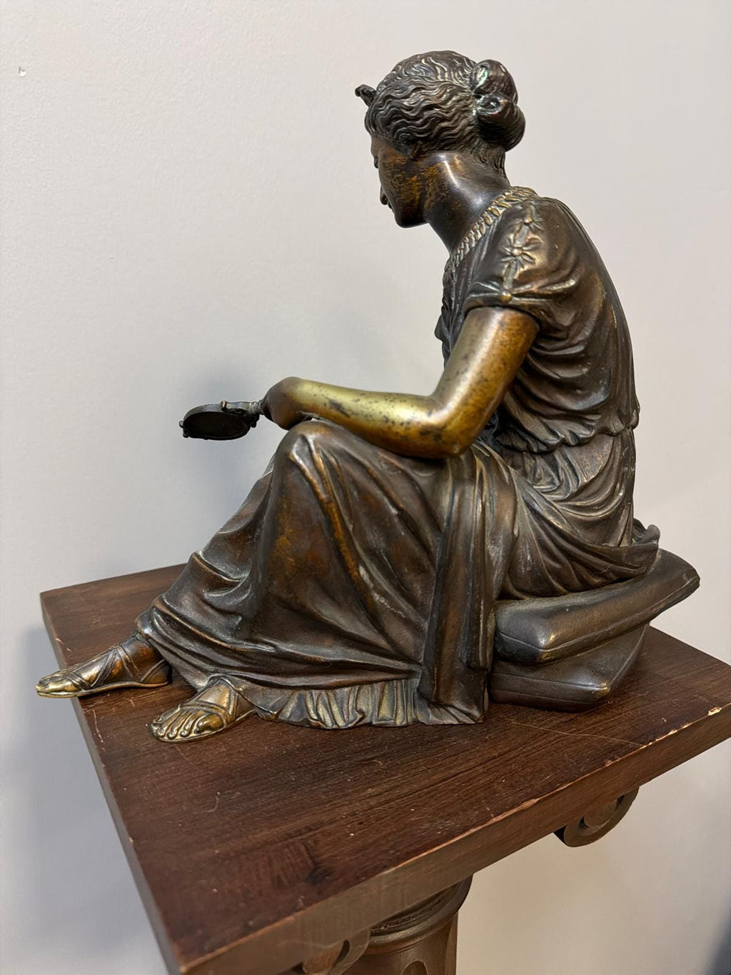 Antique French Bronze Sculpture: Neo-Classical Seated Woman with Mirror, Signed A. Habert
