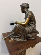 Antique French Bronze Sculpture: Neo-Classical Seated Woman with Mirror, Signed A. Habert