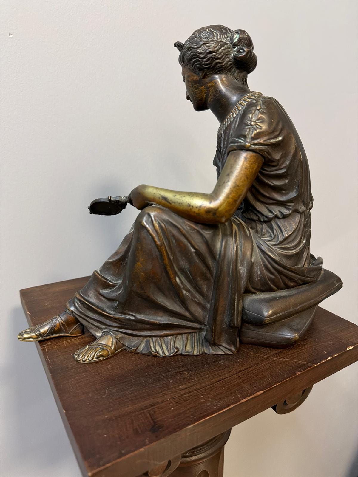 Antique French Bronze Sculpture: Neo-Classical Seated Woman with Mirror, Signed A. Habert
