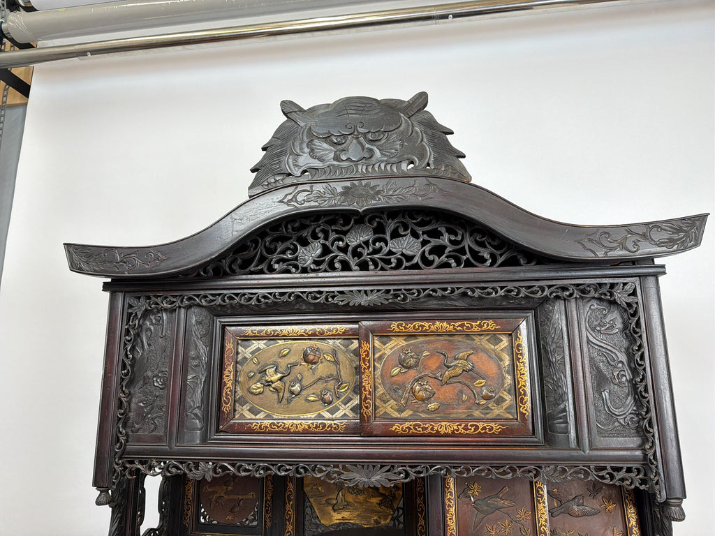 Antique Japanese Meiji Cabinet: Hand Carved Wood Birds, Floral Panels, Gilt Detail