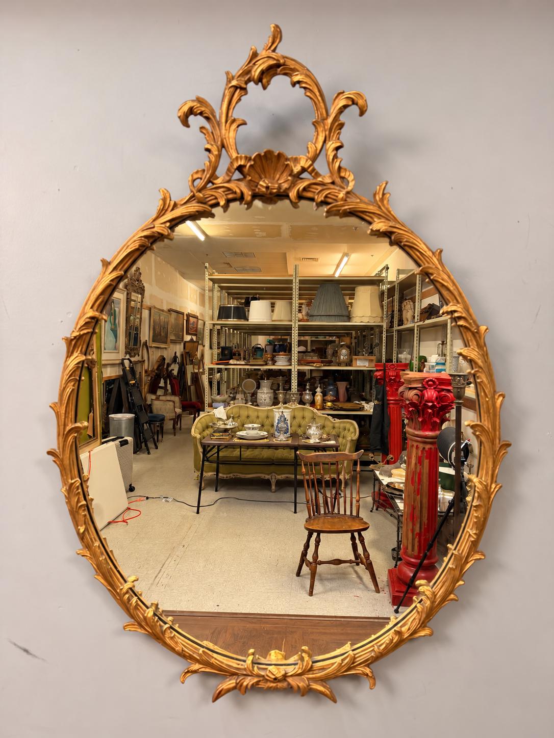Vintage French Rococo Oval Wall Mirror, Revival Gilt Wood Ornate Louis XV Style