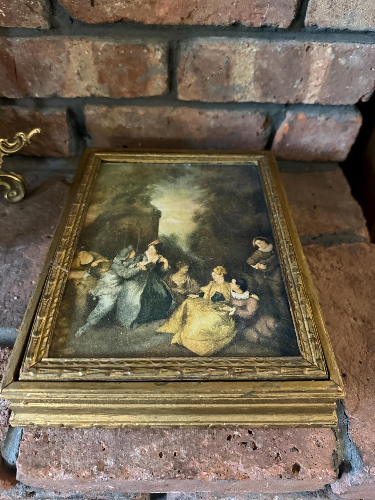 Vintage Italian Florentine Gold Gilt Jewelry Box with Mirror and Romantic Rococo Courting Scene – Made in Italy Trinket Storage Keepsake Box