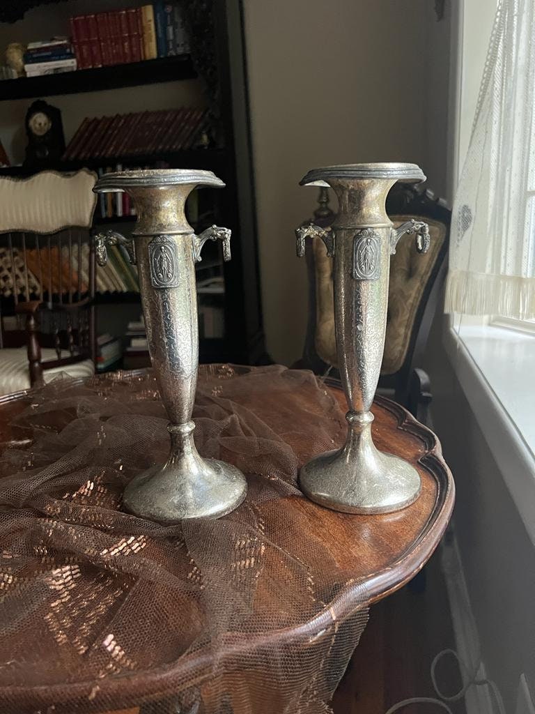 Antique Art Nouveau Silverplate Candlestick Pair Ornate Column Design Lion Head Handles Decorative Candle Holder Home Decor Display Accent