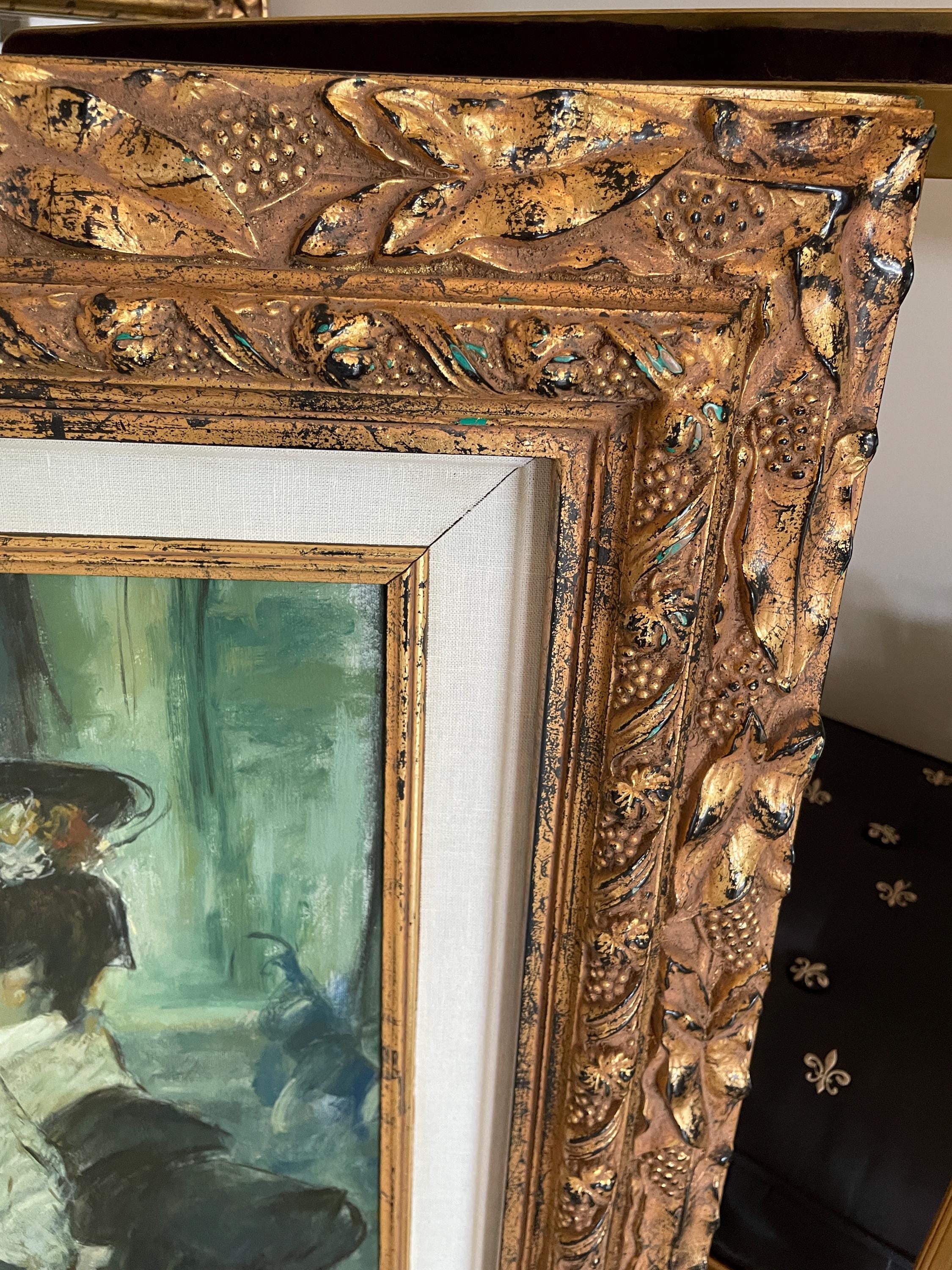 Vintage Framed Oil Painting Elegant Couple in Café Gold Leaf Ornate Frame Impressionist Style Interior Wall Art Signed Decoration Piece