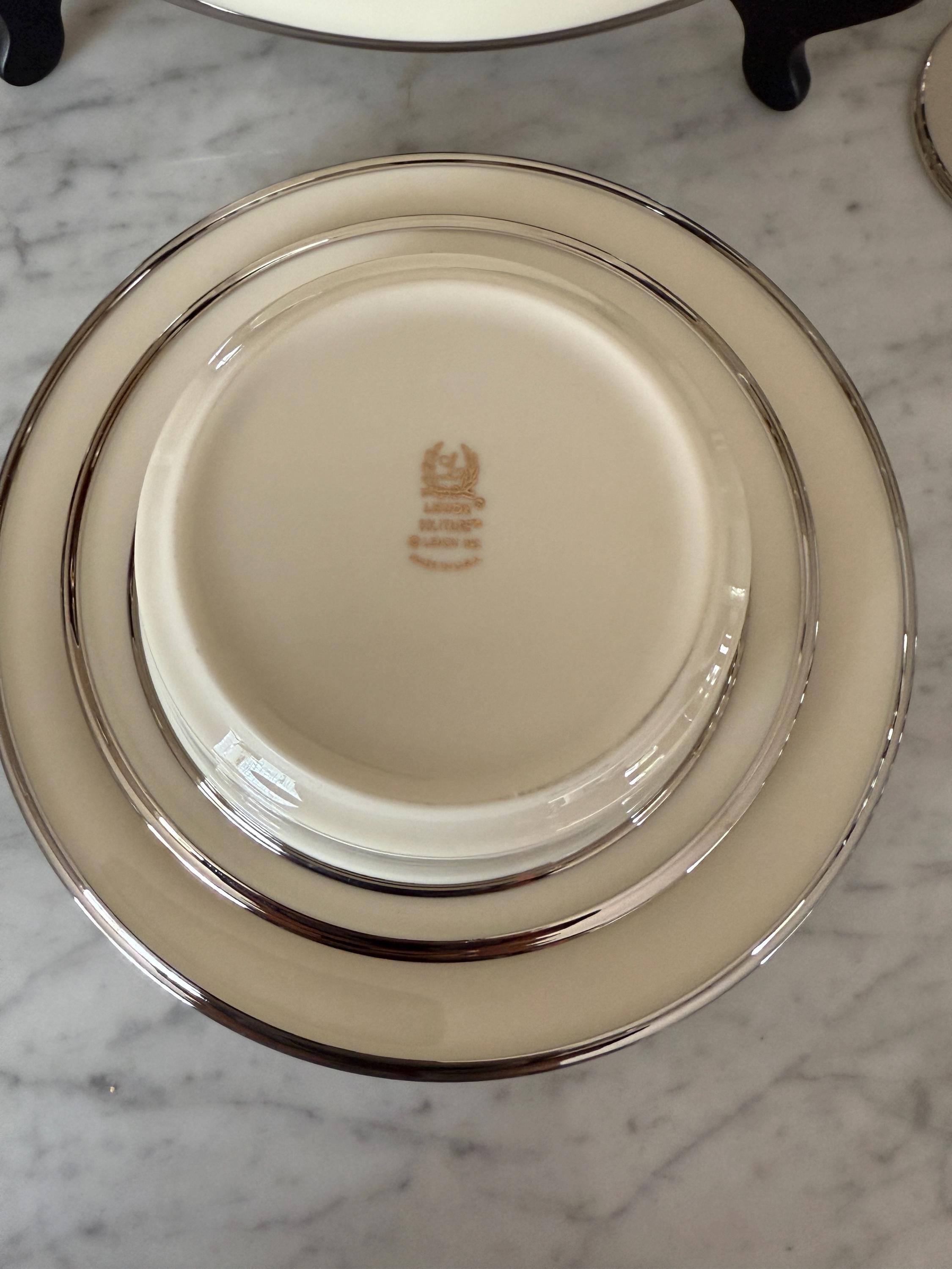 Set of 6 Lenox Solitaire Ivory Bone China Dinnerware Platinum Trim Elegant Dinnerware Set Salad Plates Dinner Plates Salt & Pepper Shakers