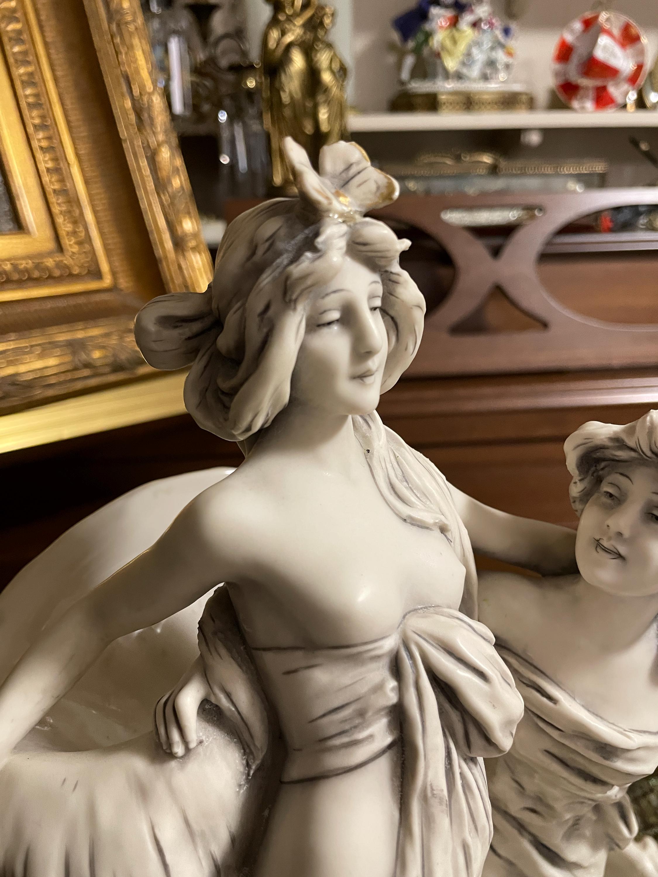 Vintage Italian Capodimonte Porcelain Figurine Centerpiece Dish with Art Nouveau Maidens Circa 20th Century Exquisite Collectible Home Decor