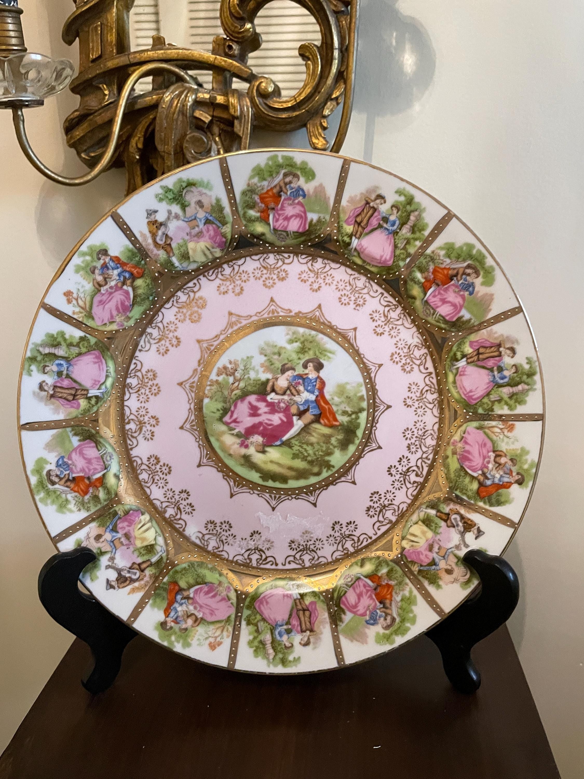 Vintage Set of 8 Love Story Porcelain Dinner Plates  Fragonard Courting Couple Gold Trim Porcelain Collectible Wall Art Elegant Home Accent
