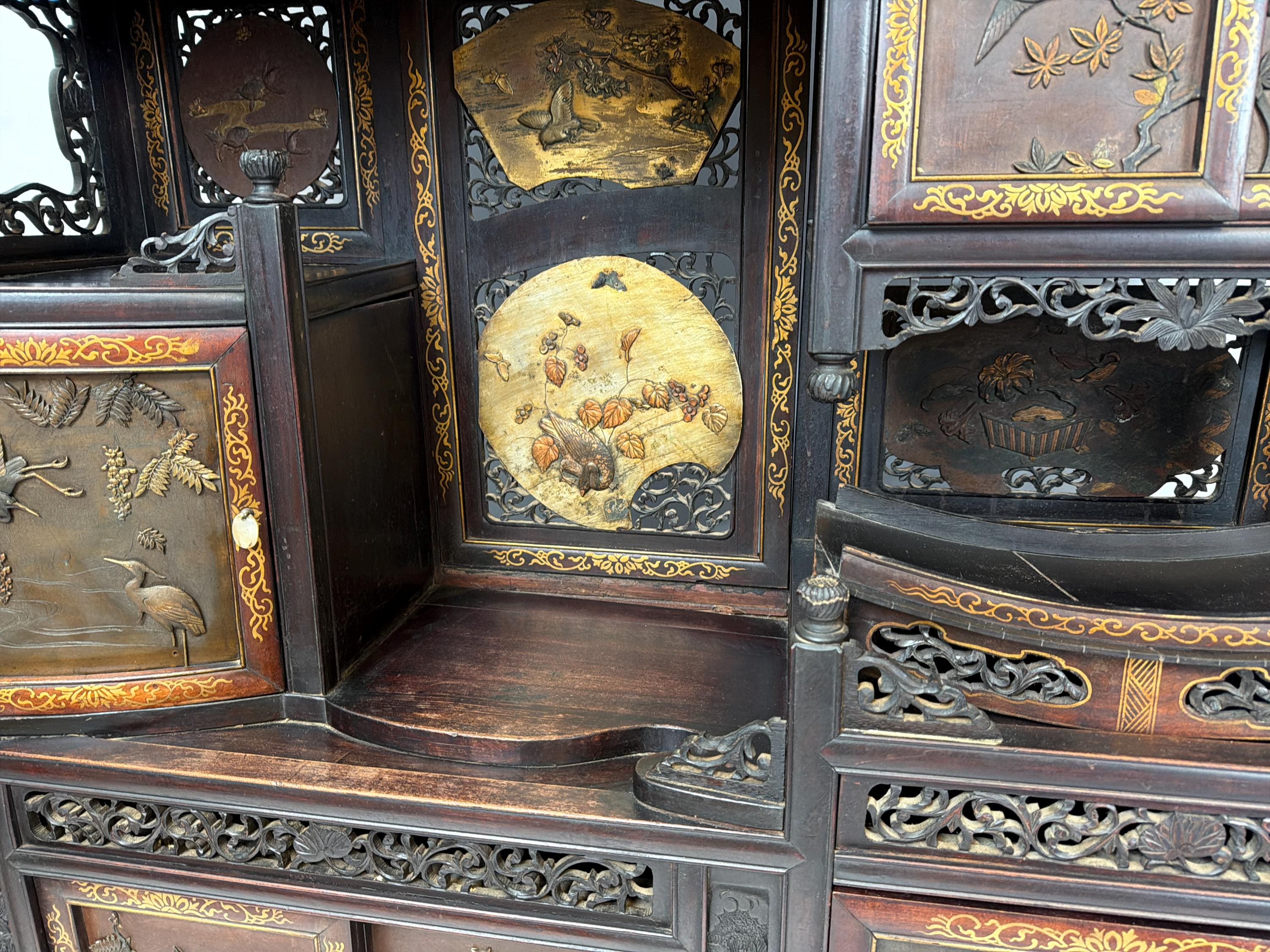Antique Japanese Meiji Cabinet: Hand Carved Wood Birds, Floral Panels, Gilt Detail