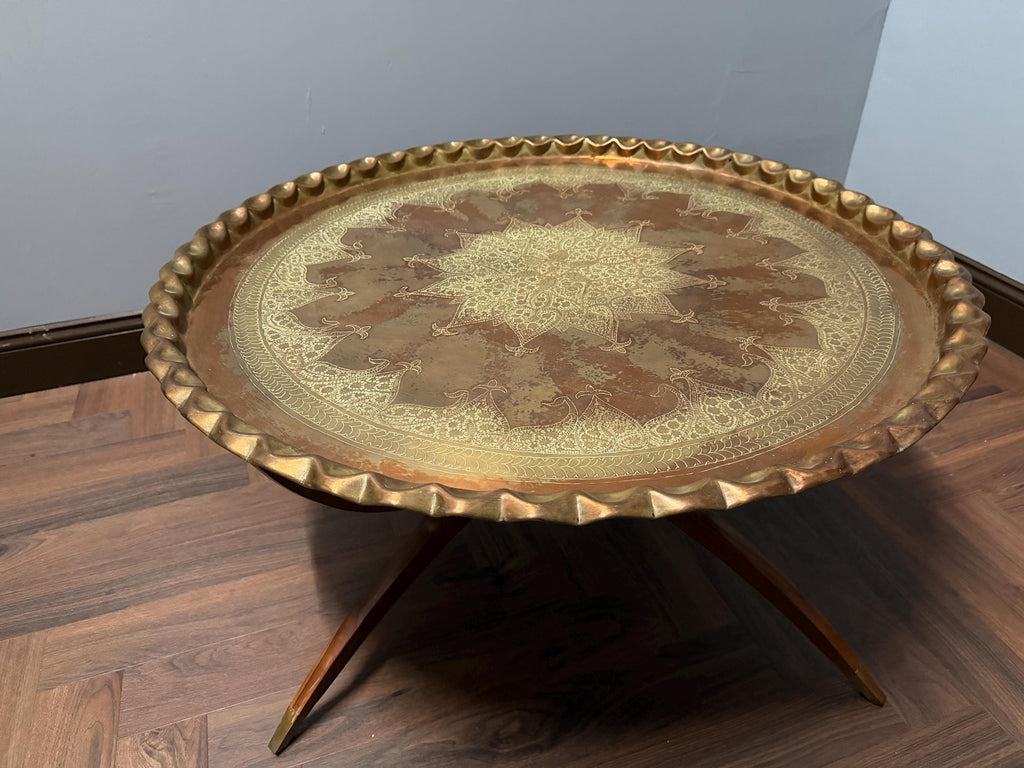 Vintage Brass Tray Table Folding Wood Base, Middle Eastern Moroccan Style Round Coffee Table