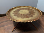 Vintage Brass Tray Table Folding Wood Base, Middle Eastern Moroccan Style Round Coffee Table