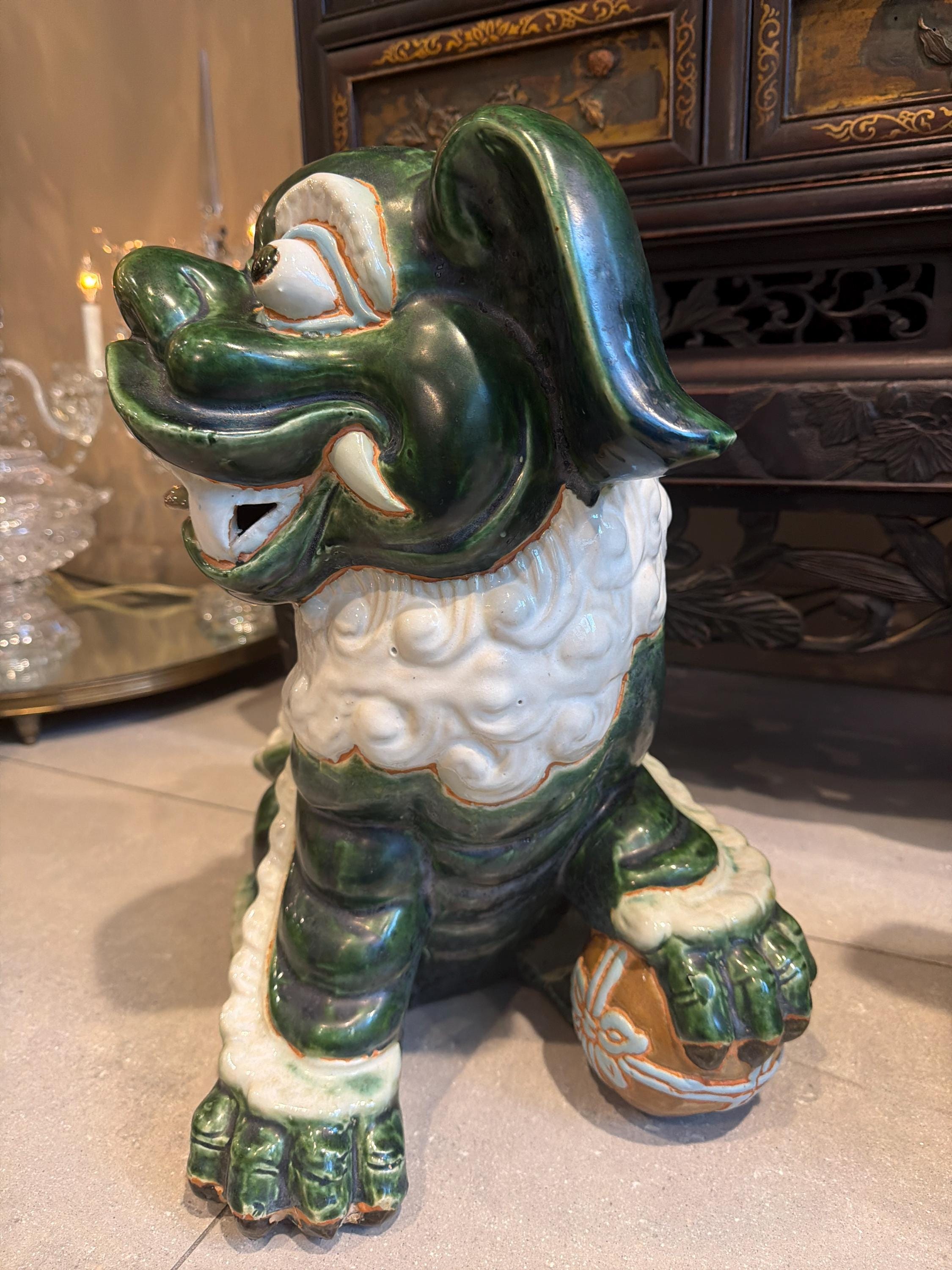 Vintage Green Glazed Foo Dog Pair, 16" Chinese Guardian Lions, Hollywood Regency Chinoiserie Statues