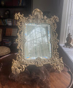 Antique Baroque Style Ornate Table Mirror Victorian Cast Metal Frame Vanity Accent Piece Rococo French Revival Design Decoration Gift