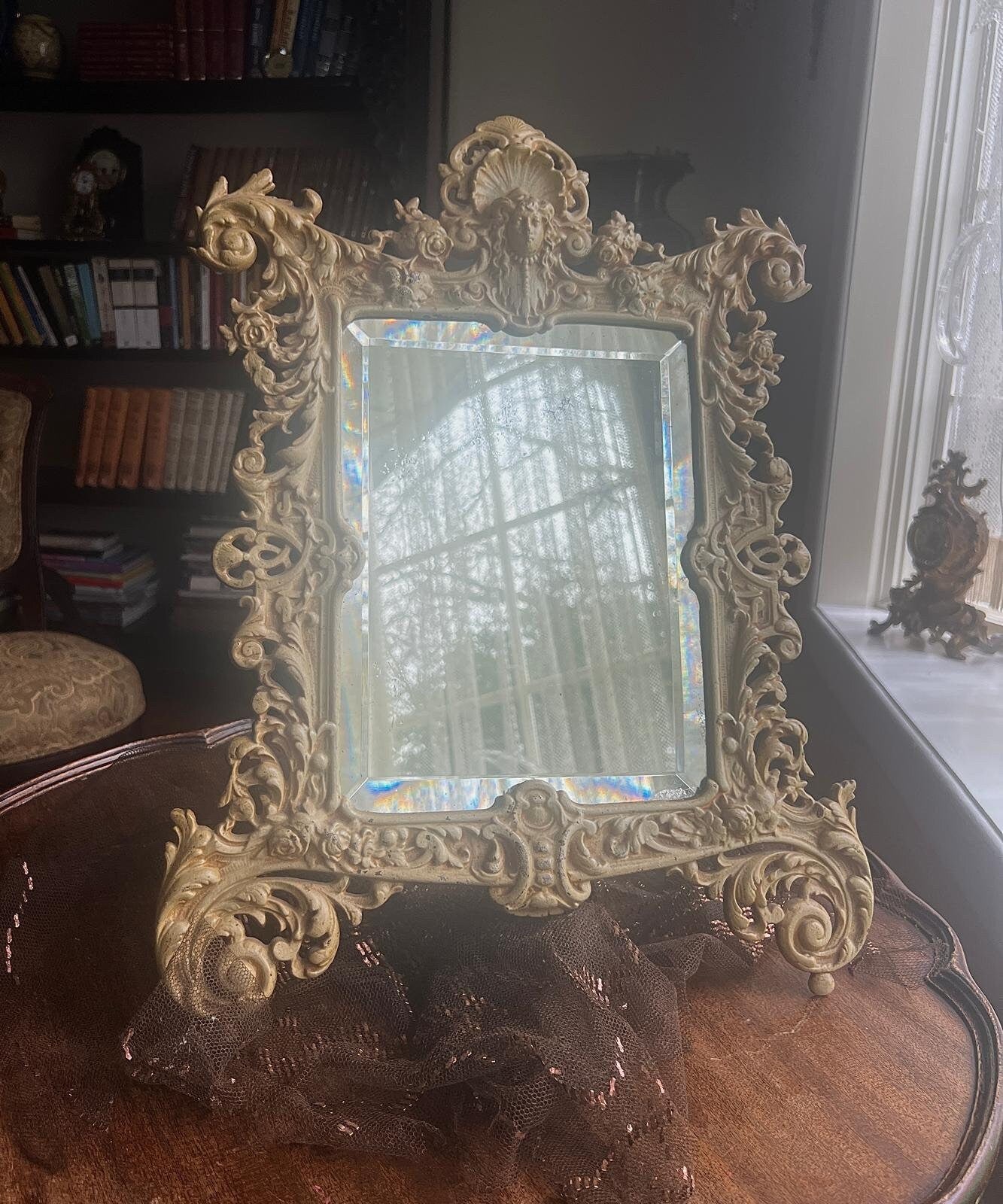 Antique Baroque Style Ornate Table Mirror Victorian Cast Metal Frame Vanity Accent Piece Rococo French Revival Design Decoration Gift