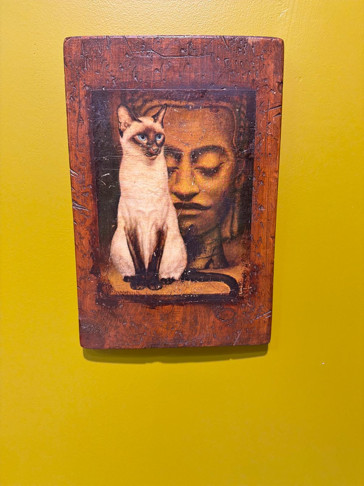 Vintage Style Siamese Cat Art Panels – Rustic Wood Mixed Media Wall Decor – Eclectic Boho Cat Lover Gift – Set of 2 Print transfer on wood