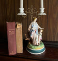 1900s Victorian Porcelain Figurine Girl with Cherub Candlesticks Candelabra