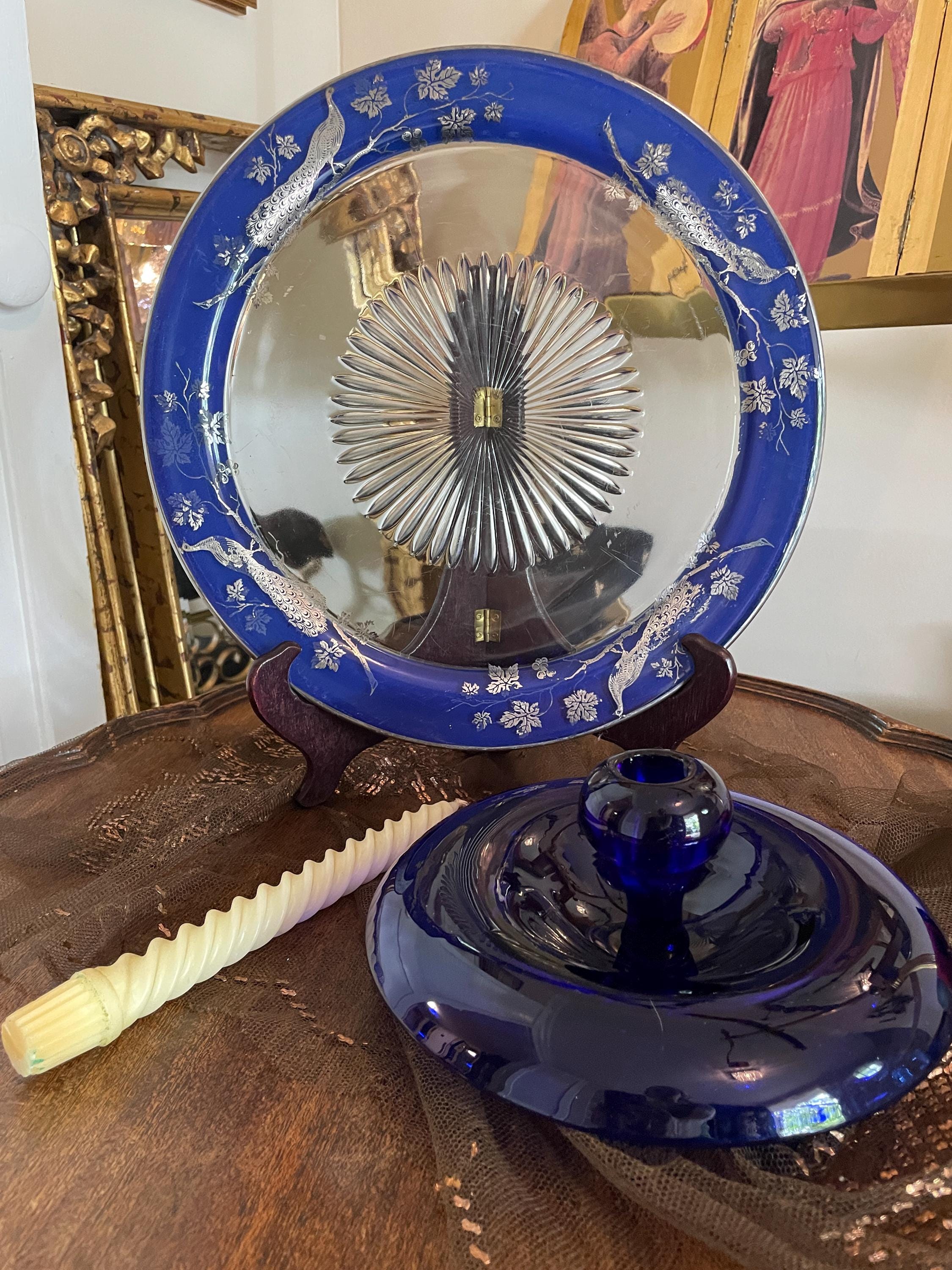 Vintage Sterling Blue Glass Plate Peacock Design Intricate Etching Detailed Glasswork Beautiful Antique Collector's Item Display Home Design