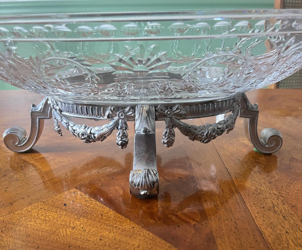 Antique Crystal Oval Bowl on Silverplate Footed Stand Cut Glass Fruit Dish Decorative Centerpiece Floral Garland Neoclassical Elegant Style