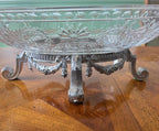 Antique Crystal Oval Bowl on Silverplate Footed Stand Cut Glass Fruit Dish Decorative Centerpiece Floral Garland Neoclassical Elegant Style