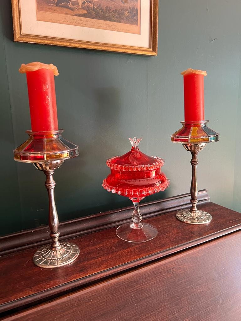 Vintage Stained Glass Candle Holders Multicolor Panels Tall Art Deco Metal Stems Elegant Retro Home Decoration Boho Eclectic Accent Pair