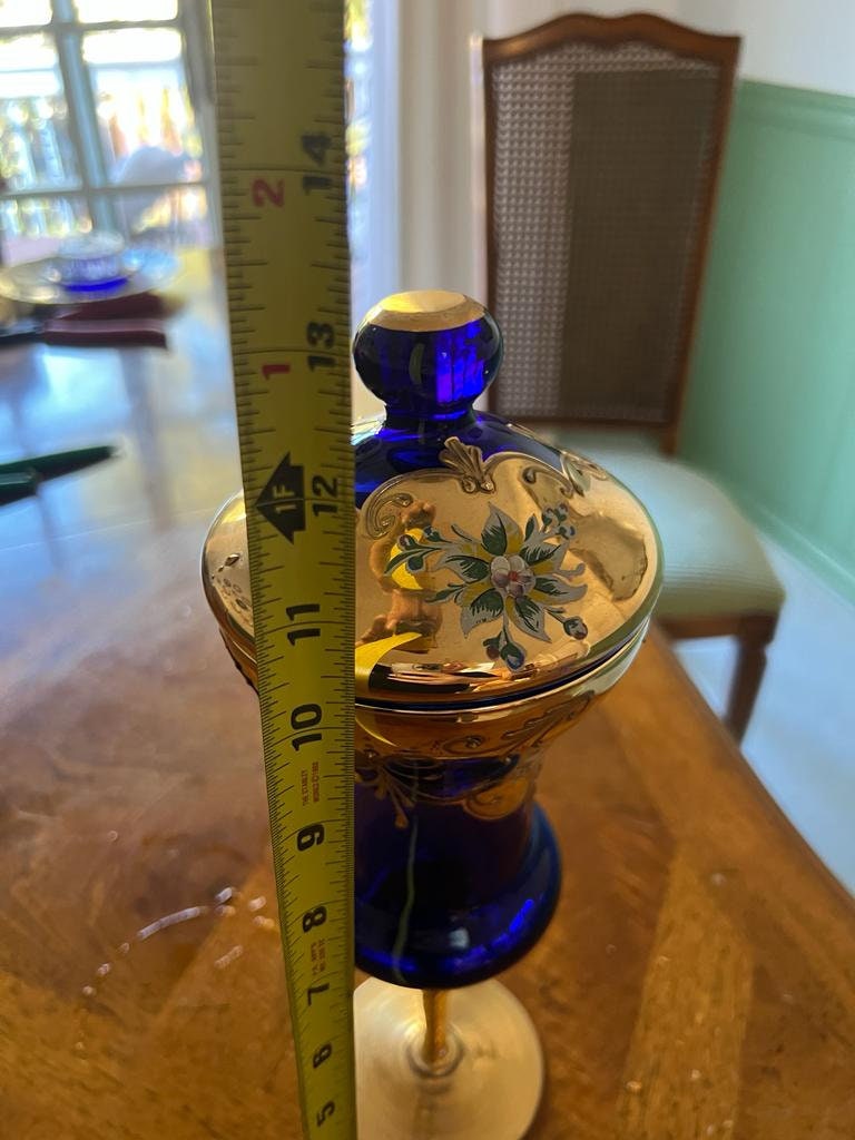 Vintage Cobalt Blue Bohemian Glass Goblet Lidded Container Gold Enamel Floral Accent Elegant Tall Barware Display Collectible Decoration