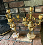 19th Century Alabaster Brass Mantel Clock Set Decorative Antique French Candelabra Pair Elegant Gilded Classical Style Home Display Decor