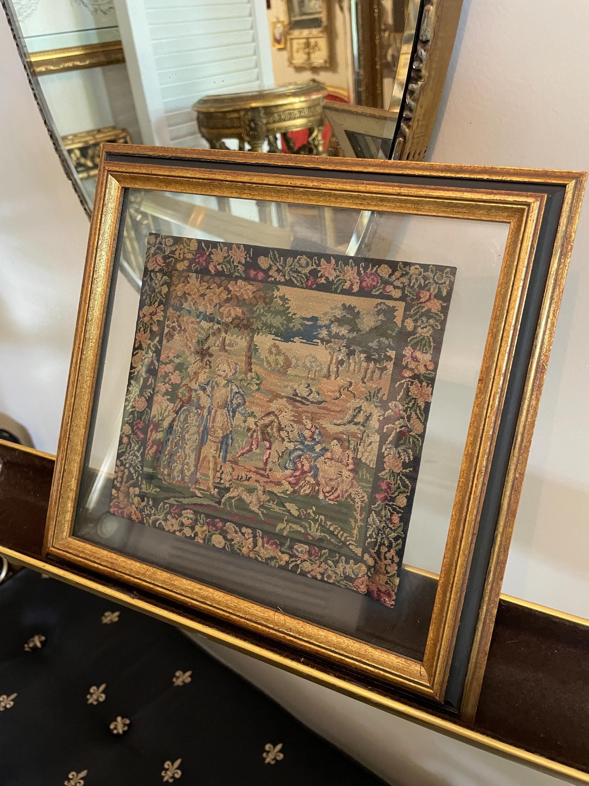 Vintage Handcrafted Needlepoint Tapestry Art Gold Frame Romantic Pastoral Scene European Wall Decoration Antique Style Embroidery Picture