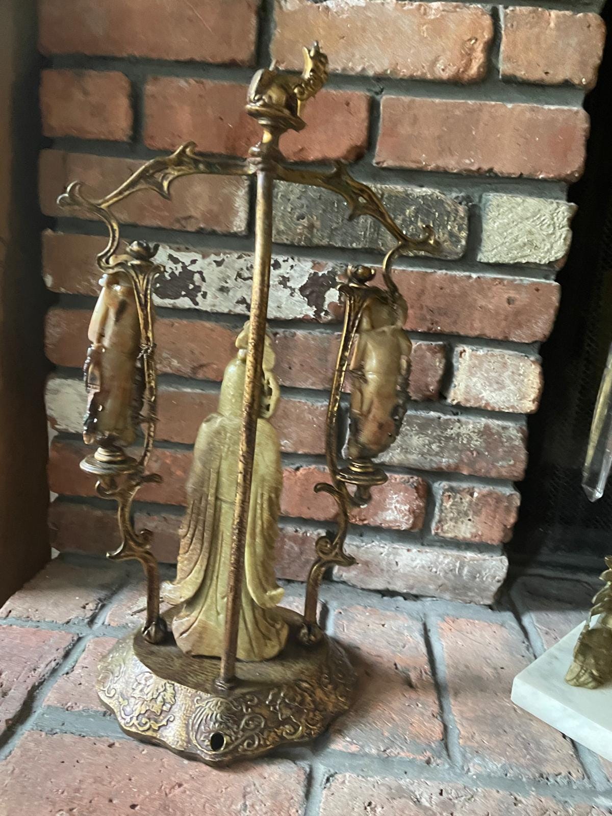 Vintage Asian Incense Burner Carved Soapstone Figures Gilt Brass Stand Mythical Beast Top Ornate Detailing Unique Home Decor Statue Art
