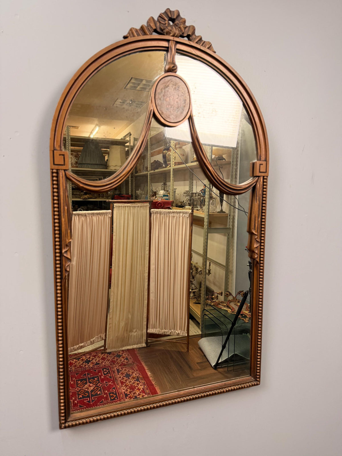 Vintage Louis XVI Neoclassical Wood Mirror, Bow & Swag Floral Medallion Wall Mirror