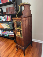 19th Century French Rosewood & Marquetry Louis XV Style Bombe Vitrine Bronze Ormolu Curio Cabinet Hand Painted Porcelain Plaques Home Decor