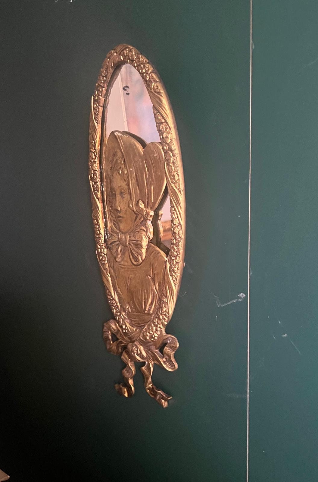 Vintage Gold Tone Wall Plaque Oval Portrait of Woman in Bonnet Victorian Style Embossed Decorative Hanging Art Home Accent Ribbon Detail