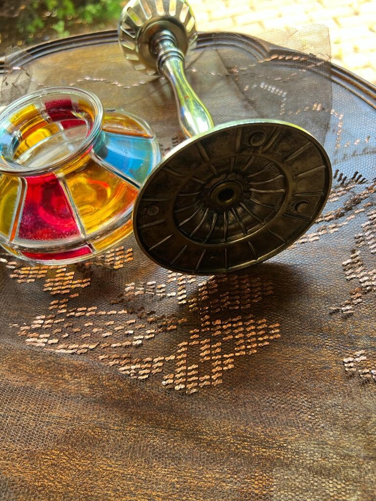 Vintage Stained Glass Candle Holders Multicolor Panels Tall Art Deco Metal Stems Elegant Retro Home Decoration Boho Eclectic Accent Pair