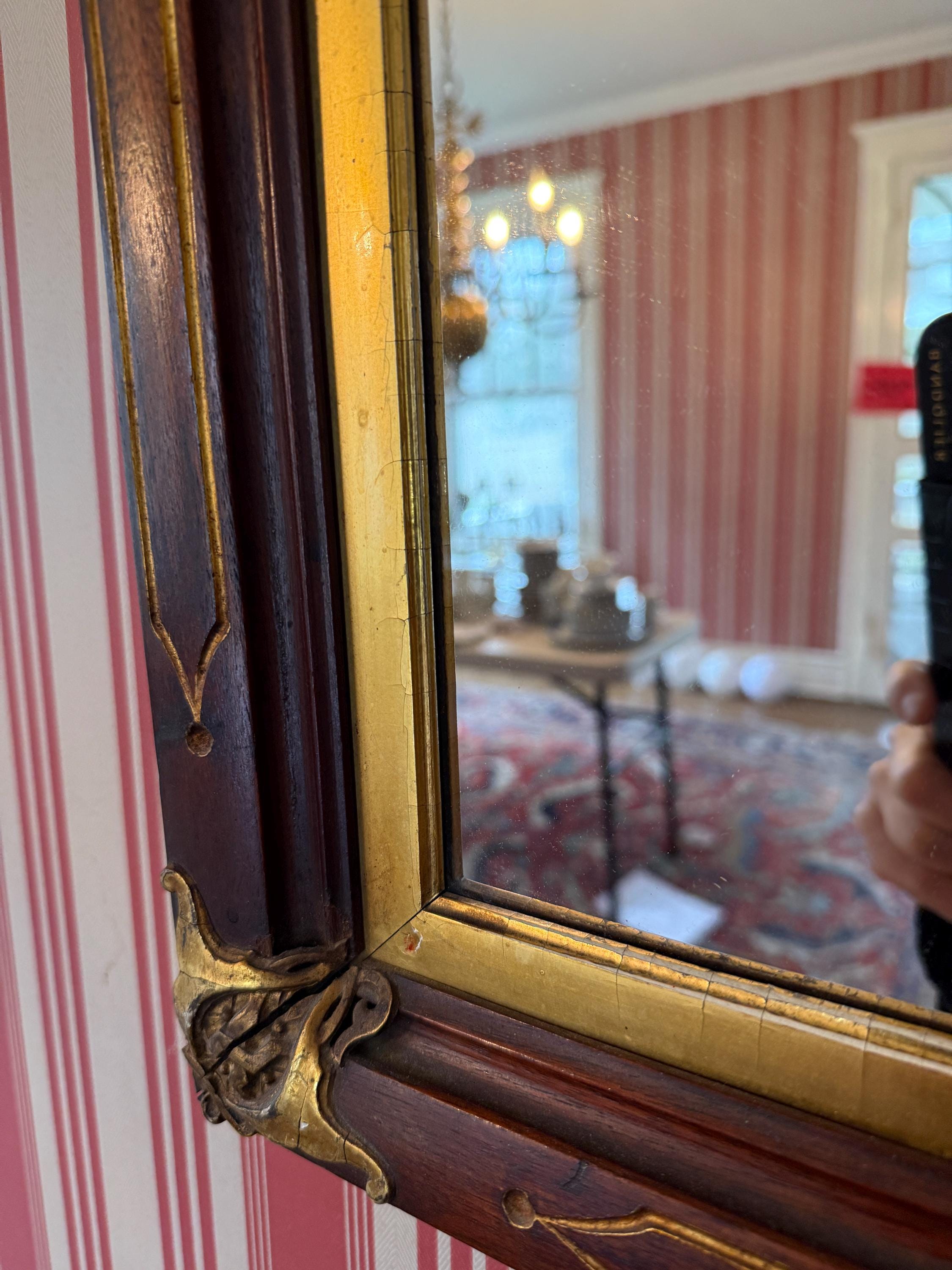 Antique Wooden Wall Mirror Rectangular Gilded Frame Vintage Neoclassical / Empire Style Ornate Gold Corner Accents Classic American Decor