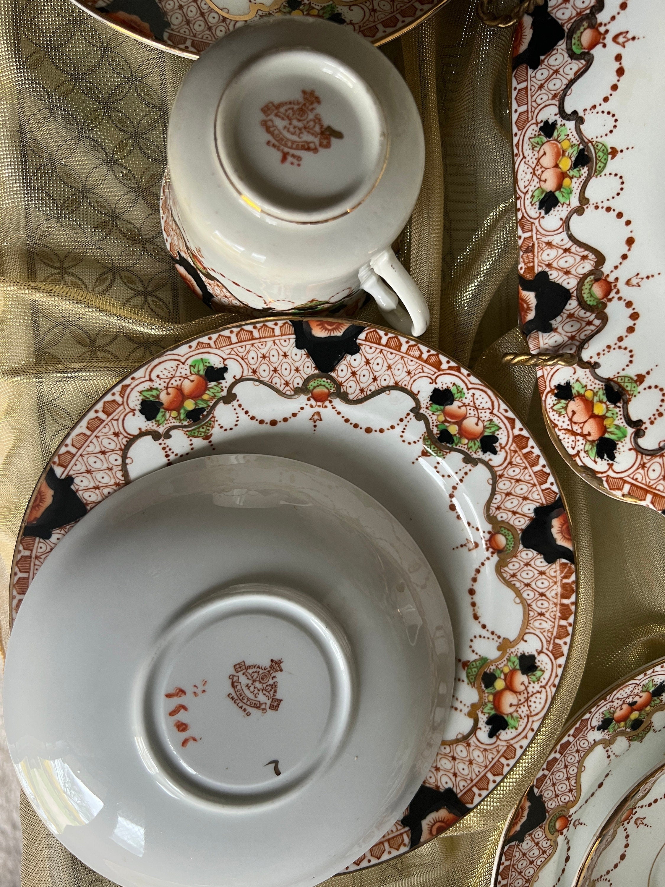 Vintage Royal Crown Derby Imari Style Porcelain Tea Set Hand Painted Floral Pattern Gold Trimmed Cups Plates Bowls Pitcher Elegant Decor