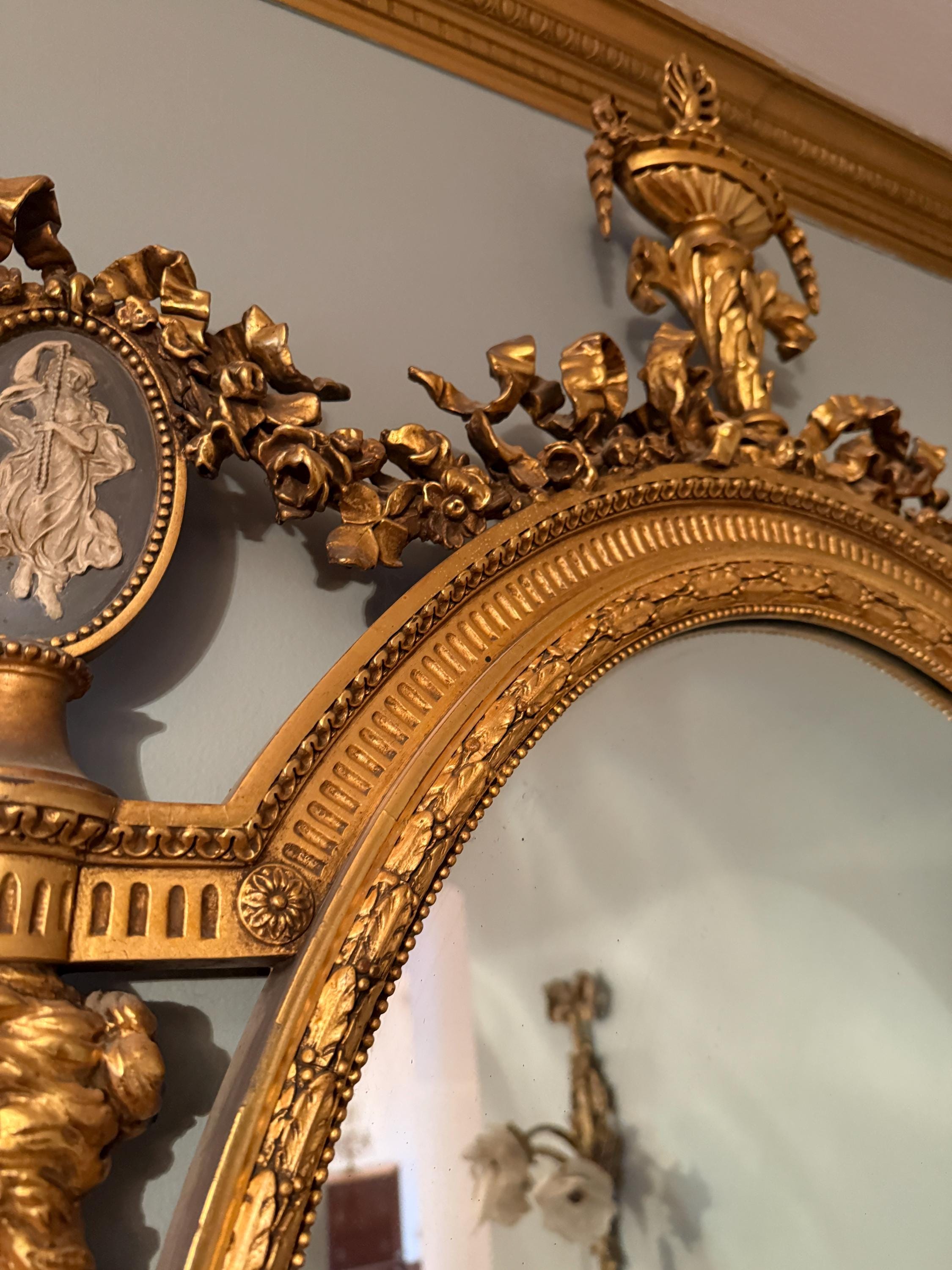 Antique French Gilded Convex Mirror, Neoclassical Urn & Female Figures