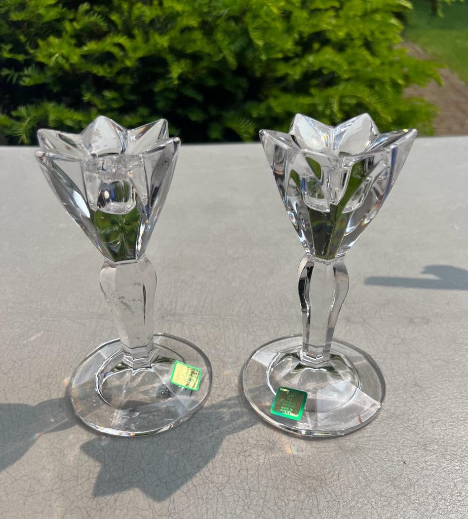 Vintage Crystal Tulip Candle Holders Elegant Faceted Clear Glass Taper Stand Pair Classic Dining Decor Table Accent Home Collectible Gift
