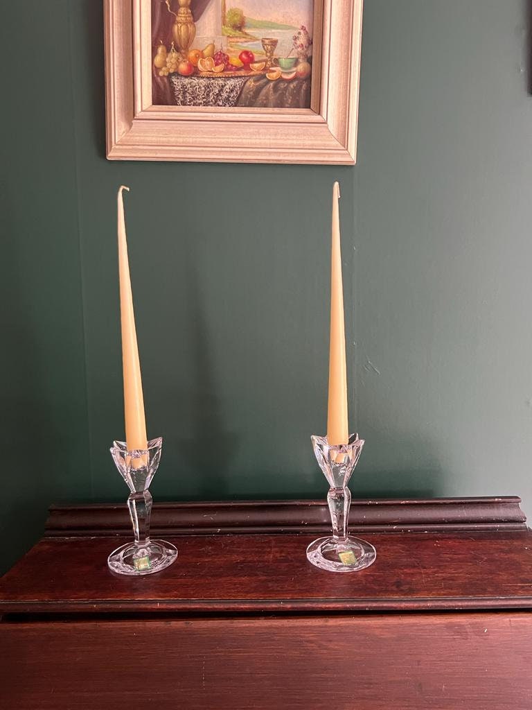 Vintage Crystal Tulip Candle Holders Elegant Faceted Clear Glass Taper Stand Pair Classic Dining Decor Table Accent Home Collectible Gift