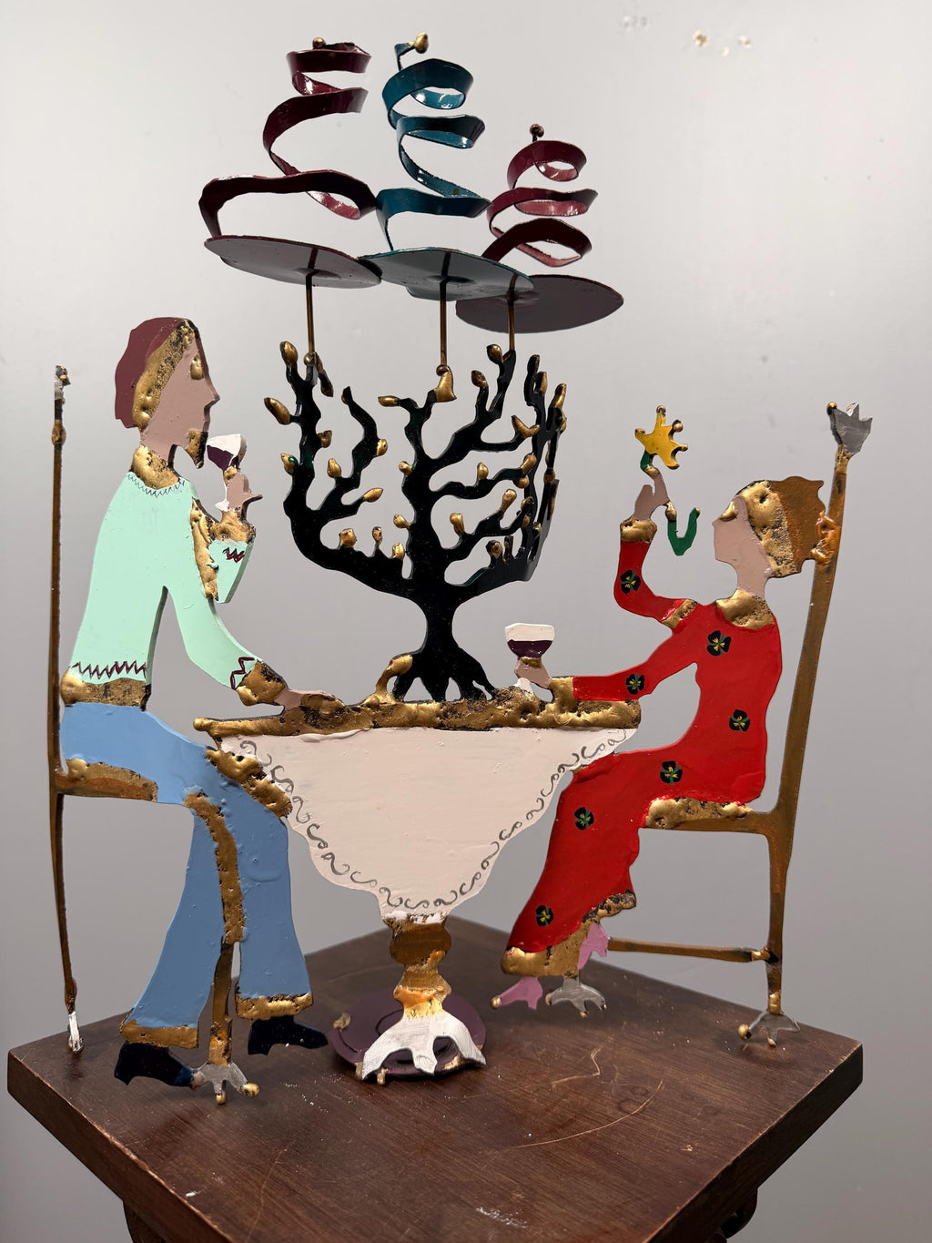 Vintage Hand-Painted Metal Judaica Folk Art Sculpture – Menorah Celebration Couple Table Scene