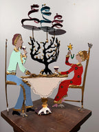 Vintage Hand-Painted Metal Judaica Folk Art Sculpture – Menorah Celebration Couple Table Scene