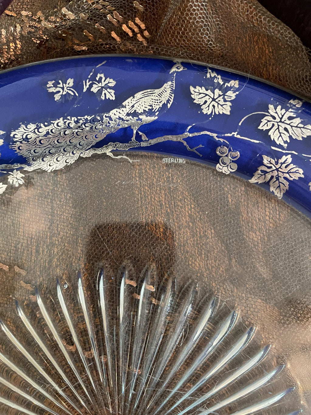 Vintage Sterling Blue Glass Plate Peacock Design Intricate Etching Detailed Glasswork Beautiful Antique Collector's Item Display Home Design