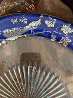 Vintage Sterling Blue Glass Plate Peacock Design Intricate Etching Detailed Glasswork Beautiful Antique Collector's Item Display Home Design
